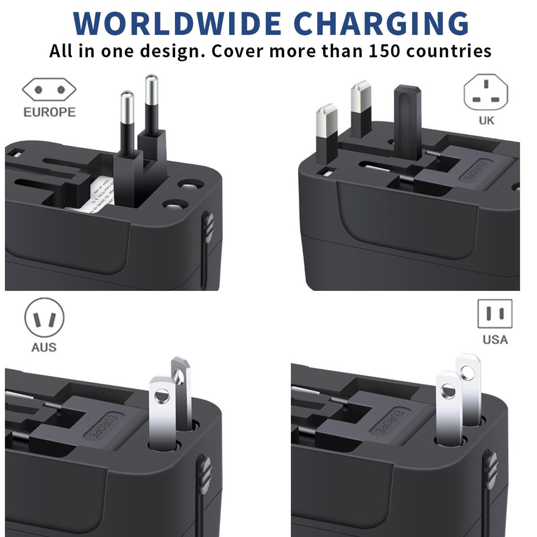 Travel Adapter with USB C, Universal All in One Worldwide Travel Adapter Power Converters Wall Charger AC Power Plug Adapter USB Type C Charging Ports for USA EU UK AUS Black - DOKUTRONIX