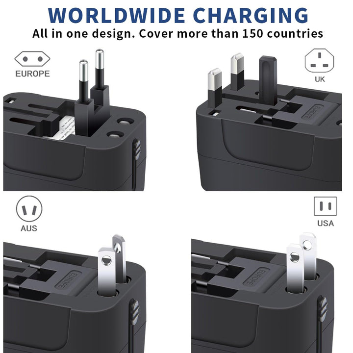 Travel Adapter with USB C, Universal All in One Worldwide Travel Adapter Power Converters Wall Charger AC Power Plug Adapter USB Type C Charging Ports for USA EU UK AUS Black - DOKUTRONIX