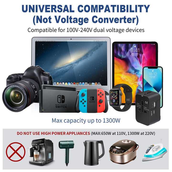 Travel Adapter with USB C, Universal All in One Worldwide Travel Adapter Power Converters Wall Charger AC Power Plug Adapter USB Type C Charging Ports for USA EU UK AUS Black - DOKUTRONIX