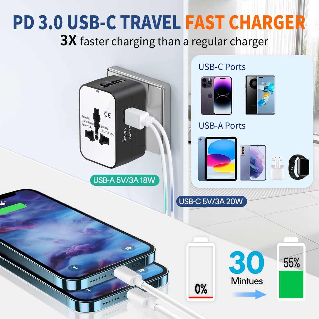 Travel Adapter with USB C, Universal All in One Worldwide Travel Adapter Power Converters Wall Charger AC Power Plug Adapter USB Type C Charging Ports for USA EU UK AUS Black - DOKUTRONIX