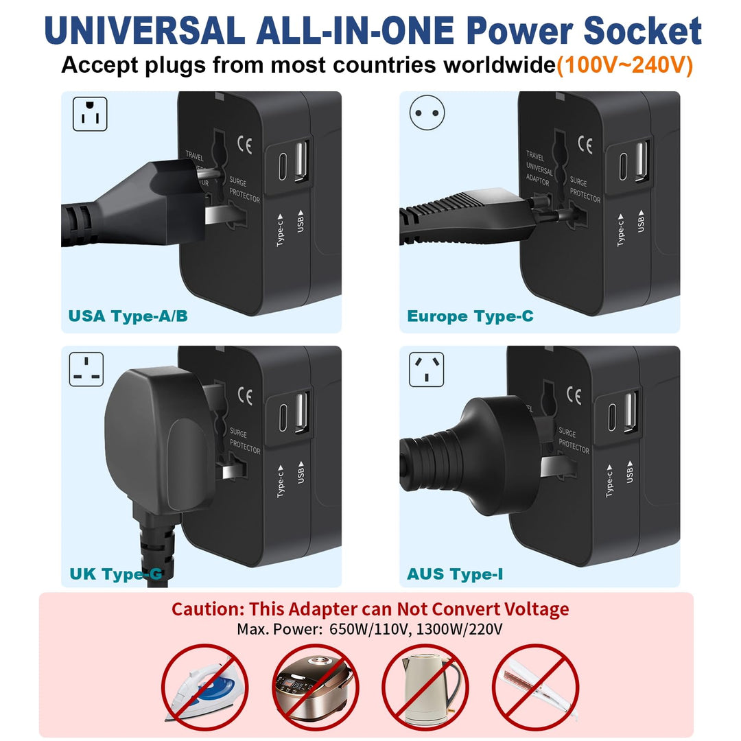Travel Adapter with USB C, Universal All in One Worldwide Travel Adapter Power Converters Wall Charger AC Power Plug Adapter USB Type C Charging Ports for USA EU UK AUS Black - DOKUTRONIX