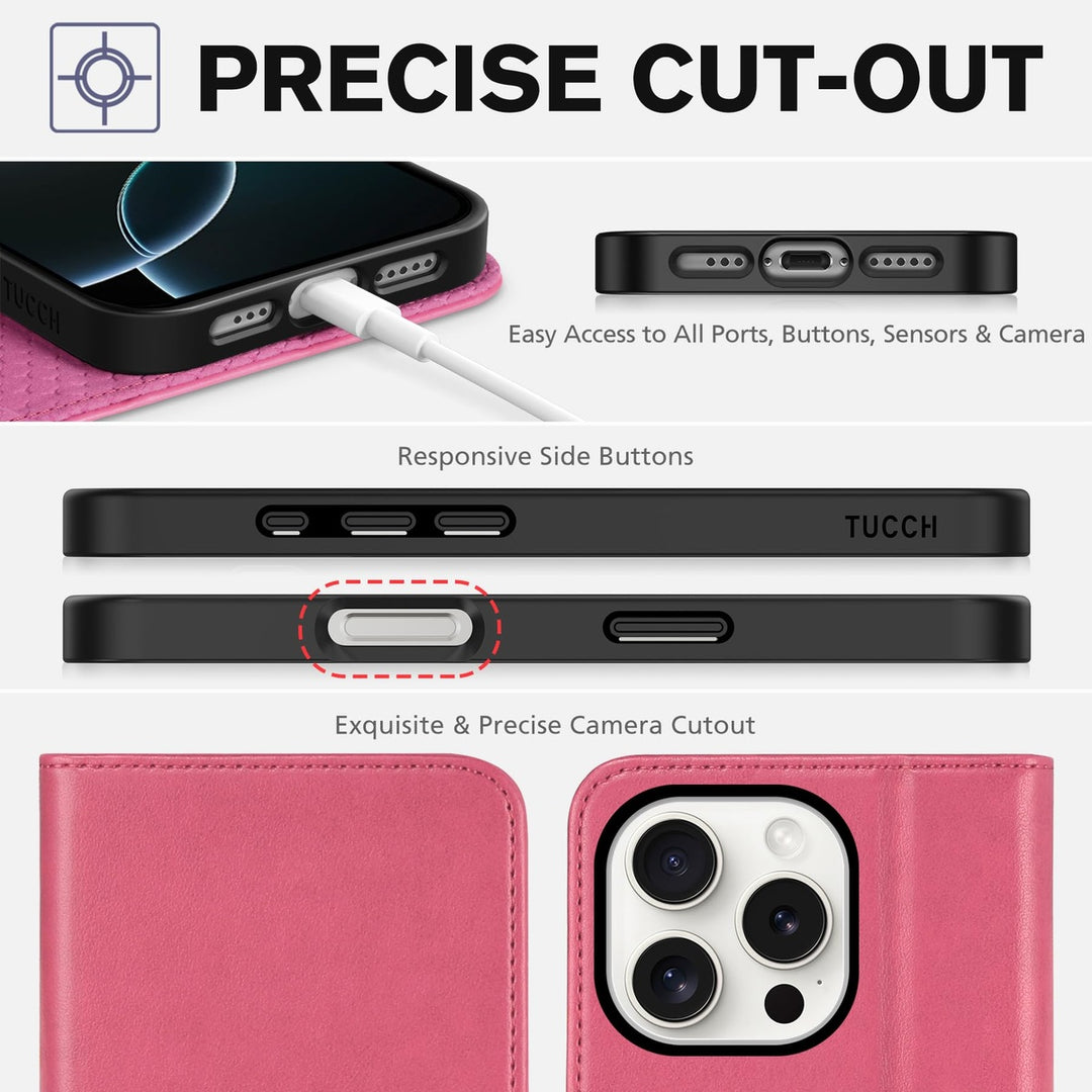 TUCCH Hot Pink iPhone 16 Pro Wallet Case & Kickstand - DOKUTRONIX