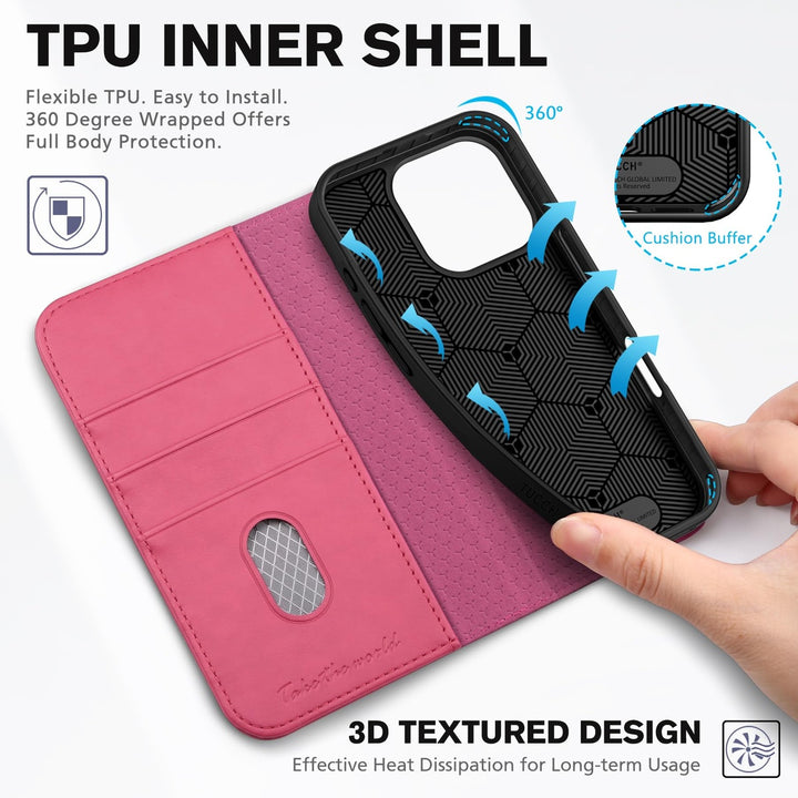 TUCCH Hot Pink iPhone 16 Pro Wallet Case & Kickstand - DOKUTRONIX