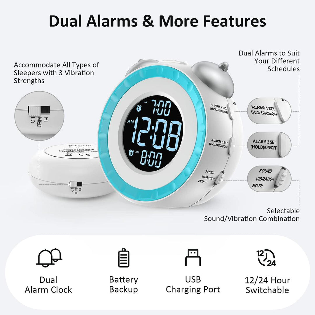 LoudShake Dual Alarm Clock with USB & Dimmer - DOKUTRONIX