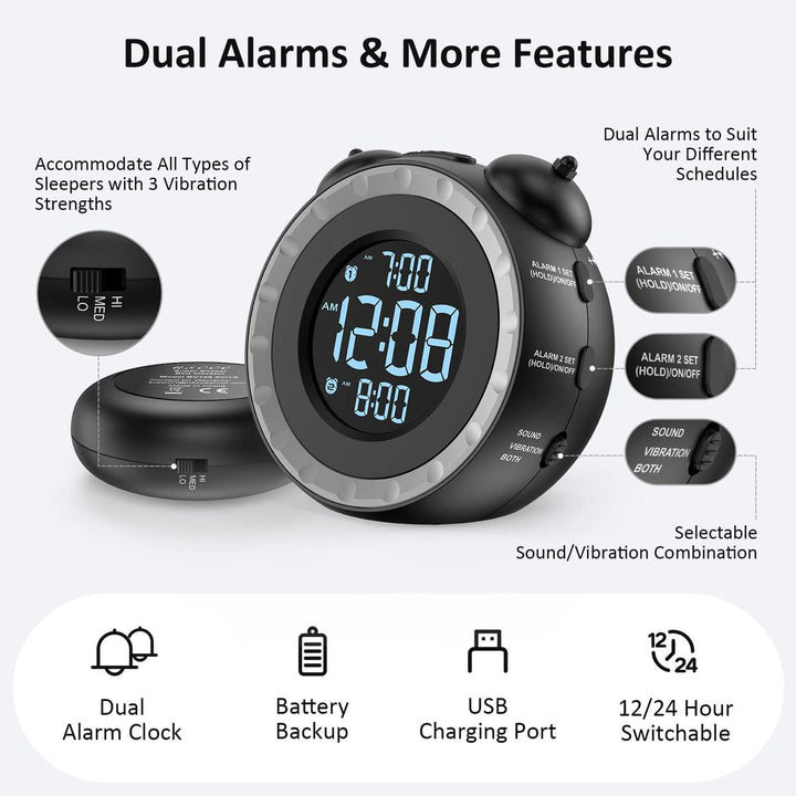 LoudShake Dual Alarm Clock with USB & Dimmer - DOKUTRONIX