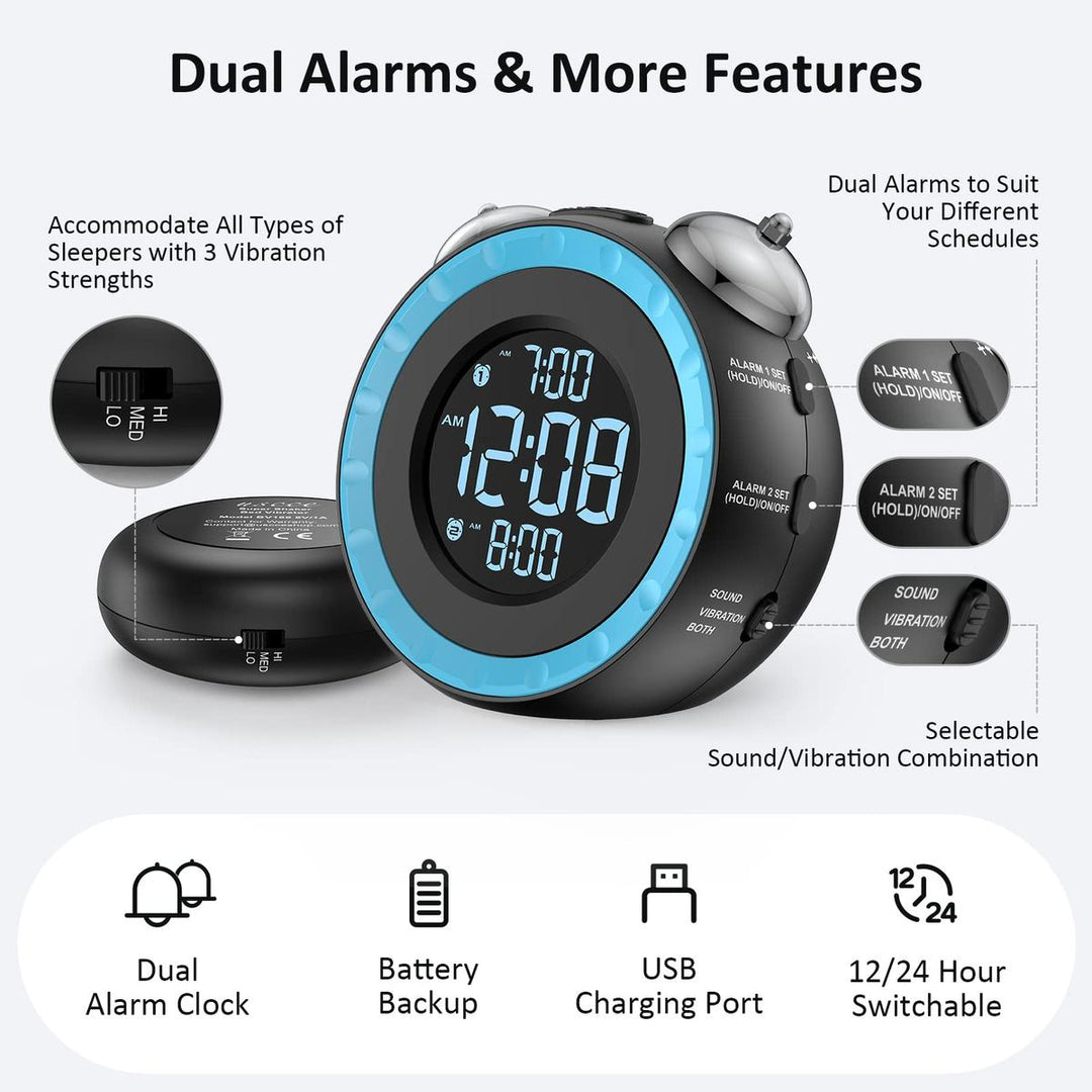 LoudShake Dual Alarm Clock with USB & Dimmer - DOKUTRONIX