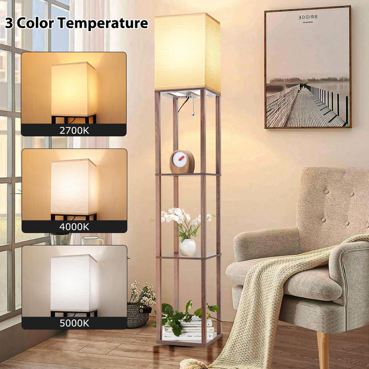 Walnut Corner Shelf Lamp with LED & Linen Shade - DOKUTRONIX