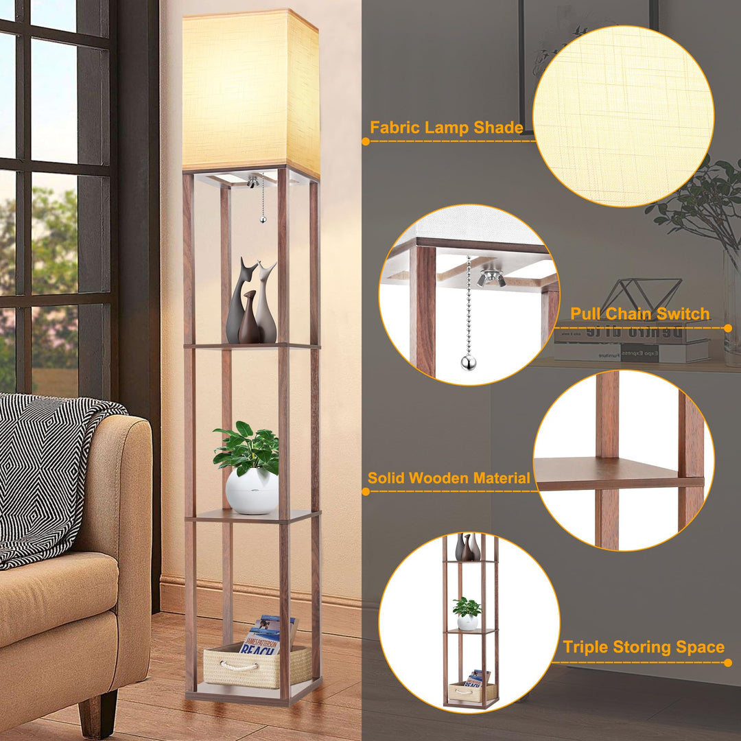 Walnut Corner Shelf Lamp with LED & Linen Shade - DOKUTRONIX