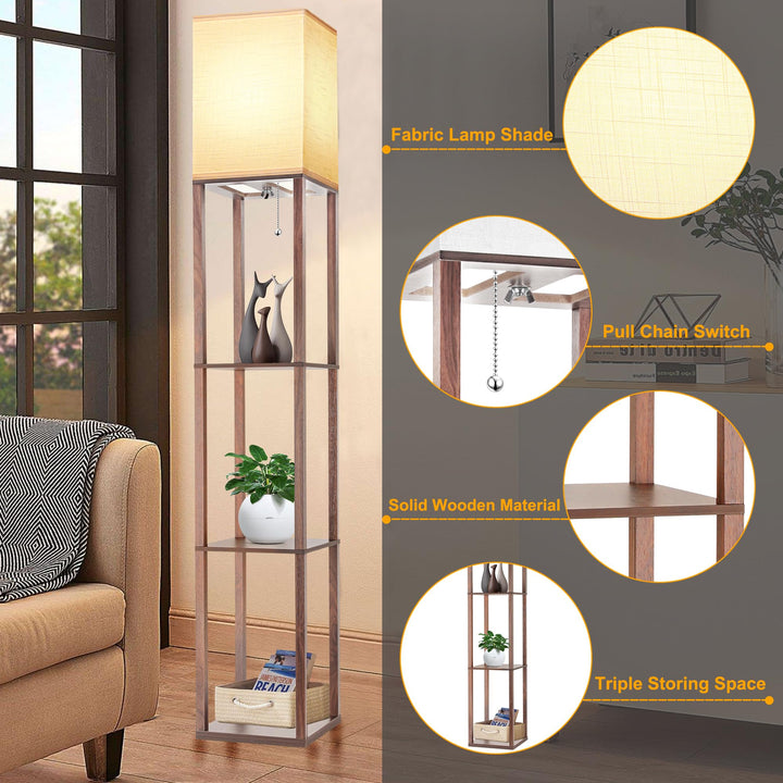 Walnut Corner Shelf Lamp with LED & Linen Shade - DOKUTRONIX